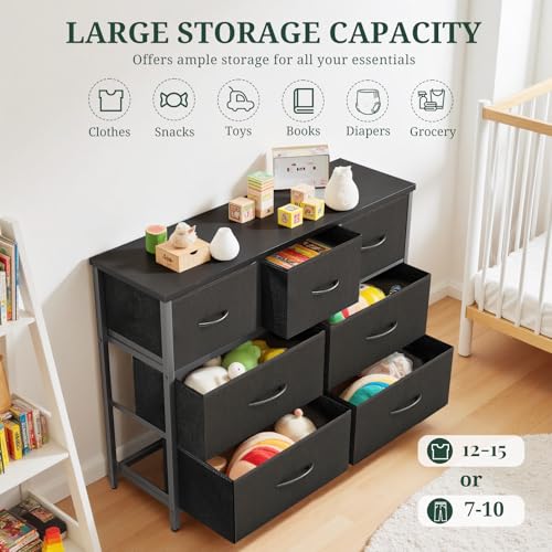 7-Drawer Dresser for Bedroom, Anti-Tip Wide Storage Organizer Fabric Chest of Drawers TV Stand for 45" TV with Wooden Top and Metal Frame for Closet, Living Room, Hallway, Entryway, Black - color: Black, size: 11.8"D x 39.3"W x 30.3"H (7 Drawers)