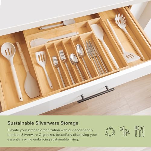KitchenEdge Premium Silverware, Flatware and Utensil Organizer for Kitchen Drawers, Food-Safe Contract Grade, Expandable from 18 to 33 In, Natural Bamboo - color: Natural Bamboo, size: From 18" to 33" wide