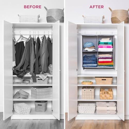 HOLDN’ STORAGE Hanging Closet Organizer with Garment Rod – Heavy Duty 4-Shelf Hanging Shelves for Clothes, Sweaters & Shoes, Reinforced 600D Fabric Storage Unit with Built-in Clothing Rod, Grey - size: 4 Shelves