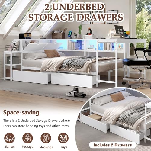 Corner Bed Frame Queen with Storage Bookshelf & Desk, U-Shaped Daybed Frame with 2 Drawers, Metal Corner Beds with Charging Station & LED Lights for Bedroom, Flip Left or Right (White, Queen) - color: White, size: Queen