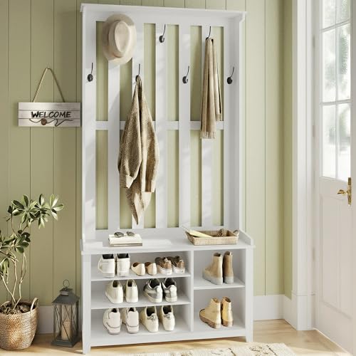 VASAGLE Hall Tree with Bench and Shoe Storage, Coat Rack with Shoe Bench, 7 Double Hooks for Jackets, Hats, Entryway, Bedroom, Living Room, 13.8 x 31.9 x 70.9 Inches, Matte White UHSR414WB01S - color: Matte White