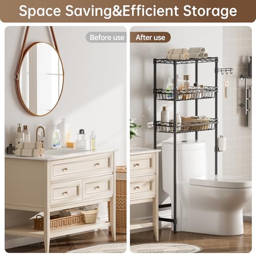 Golpart 3-Tier Over-The-Toilet Storage Shelf,Heavy-Duty Adjustable Bathroom Rack with 2 Mesh Baskets,Toilet Paper Holder & Hooks,Space-Saving Organizer for Bathroom,10”D x 24”W x 66”H,Black - size: Black with Baskets-10"D x 24"W x 66"H