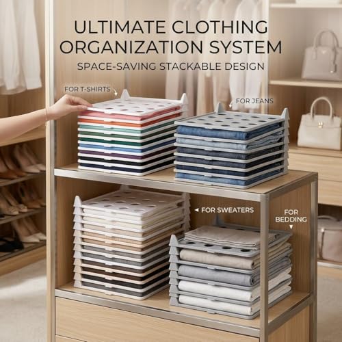 Space-Saving Stackable Clothing Organizer –Interlocking Shirt Folding Boards & Shelf Dividers,Keeps Lightweight Clothes Neat，Stackable Closet Organizer for Shirts, Jeans, T Shirt 5 Pack (White) - color: White
