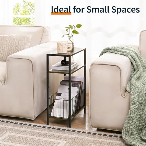Yoobure Narrow Side Table with Storage Basket, Small End Table for Small Spaces Skinny Side Tables Living Room Bedroom, Slim Nightstand 3 Tier Bedside Table Space-Saving for Magazine, Rustic Brown - color: Rustic Brown