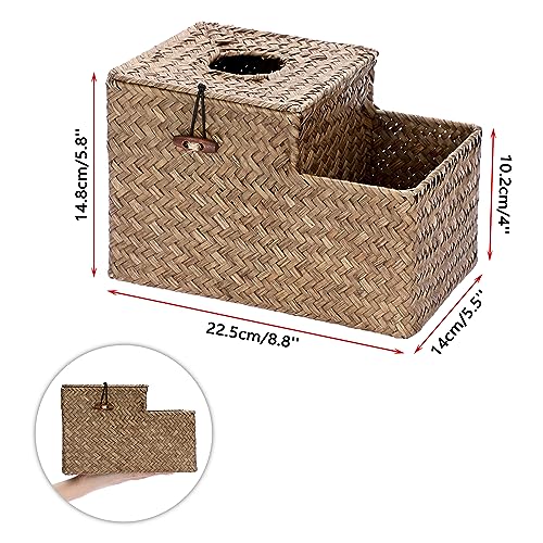 Sumnacon Tissue Box Cover Square Tissue Box Woven Seagrass Tissue Box Holder with Side Organizer, Rustic Tissue Holder for Living Room Bathroom Bedroom Kitchen Office Table Desk, Coffee - color: Coffee