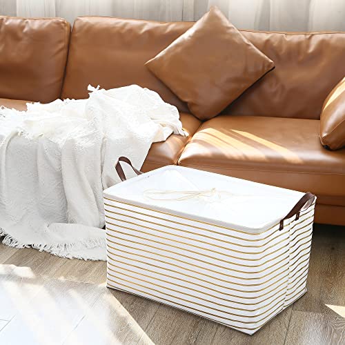 Hinwo 70L Extra Large Storage Bins, Closet Organizers and Storage, Foldable Clothes Storage Baskets with Handles, Containers for Clothing, Blanket, Comforters, Toys, Bedding (Gold Stripe) - color: Gold Stripe, size: 22" / 70L / 1-Pack