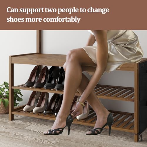AMBIRD Hall Tree with bench and shoe storage, Entryway Bench with shoe storage, 6-in-1 Coat Rack with Cloth Bag and14 Coat Hooks, Sturdy Bamboo Frame, Large Size, Brown 39 * 15 * 70 Inches - style: Classic, 39'' L