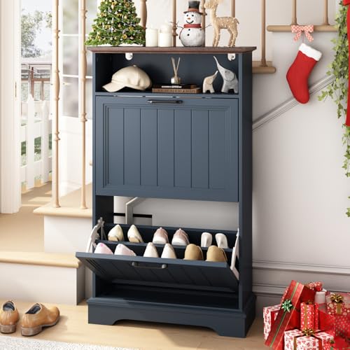 Shoe Storage Cabinet with 2 Flip Drawers, 24" W Farmhouse Modern Hidden Shoes Rack with Adjustable Shelves & Open Storage, Narrow Slim Shoe Organizer for Front Door Entrance, Entryway, Navy Blue - color: Navy Blue, size: 2-Drawers