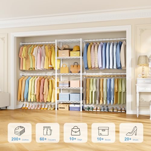 Ulif M2 Wall Mounted Closet System, Clothes Rack Mounted onto the Wall with 4 Expandable Hanger Rods and 5 Metal Shelves, Clothing Organizer Storage in (70.8-102.3)" L x 14.5" D x 71.2" H, White - color: White, size: M2