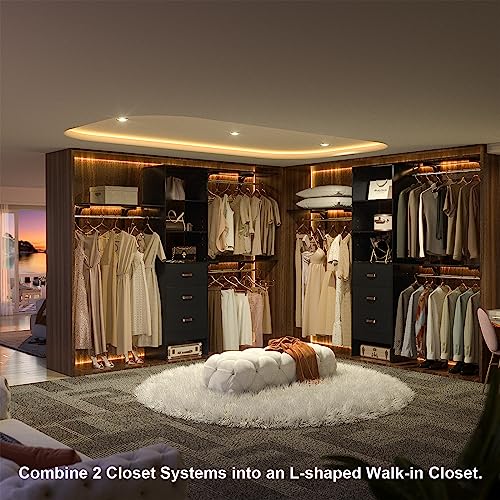 Armocity 96 Inches Closet System, 8FT Walk In Closet Organizer with 3 Shelving Towers, Heavy Duty Clothes Rack with 3 Drawers, Built-In Garment Rack, 96" L x 16" W x 75" H, Max Load 1000 LBS, Black - color: Black