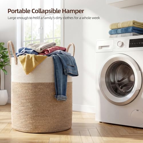 OIAHOMY Large Laundry Basket Hamper - 60L Cotton Rope Woven Basket for Blankets, Toys, Clothes - Tall Decorative Nursery Hamper with Long Handles, Brown/White - color: Brown/White, size: 60L