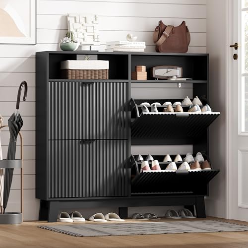 Shoe Cabinet Storage for Entryway with 4 Flip Drawers, Fluted Narrow Shoe Organizer with Wooden Legs & Top Cubby, Freestanding Slim Shoe Storage Hidden Shoe Rack for Front Door Entrance, Black - color: Black, size: 4 Drawer with Cubby