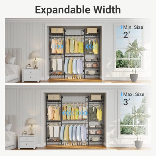 Timate F3 Medium Wall Mounted Clothes rack Expandable Closet, Industrial Pipe Clothing Rack for Hanging Clothes, Heavy Duty Clothes Rack with Shelves, Garment Rack Wall Closet System Black Pipe Closet - color: Black, size: F3 Medium