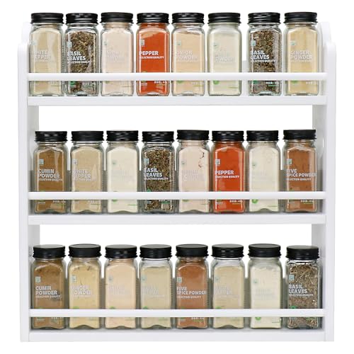 3 Tier Bamboo Spice Rack, Spice Rack Organizer, Seasoning Jars Rack Shelf Spice Organizer for Kitchen Counter or Wall Mounting, Spice Storage Holder with handles, Jars Not Included, White - color: White with Handles