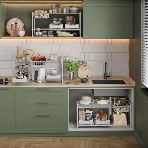 NETEL Under Sink Organizers and Storage,Kitchen Cabinet Organizer,2 Tier Under Sink Expandable Shelves，Bathroom Cabinet Organizer with Pull Out Drawers,(30.9-31.64)" W x 14.69" D x 15.83" H,White - size: Multi-functional with 2 pull out baskets(White)