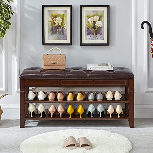 LEILISI Shoe Bench, Storage Rack Organizer with Cushion 2 Tier Lift Top Shoe Rack for Entryway Living Room Bedroom Hallway Wooden Furniture (Brown, 39.4'') - color: Brown, size: 39.4