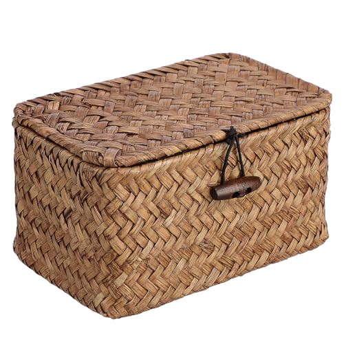 Handwoven Wicker Storage Basket Small Seagrass Box with Lid Multipurpose Table Organizer for Dental Floss Paper Clip Holder, 6.1" x 4" x 3.3" - size: 6.1"L x 4"W x 3.3"H