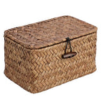 Handwoven Wicker Storage Basket Small Seagrass Box with Lid Multipurpose Table Organizer for Dental Floss Paper Clip Holder, 6.1" x 4" x 3.3" - size: 6.1"L x 4"W x 3.3"H