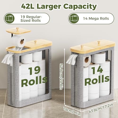 42L Toilet Paper Basket with Bamboo Lid, Toilet Paper Storage with Toilet Paper Holder & Non-Slip Mat for Bathroom Organizer, Holds up to 19 Regular Rolls or 14 Mega Rolls, Collapsible & Stackable - color: White