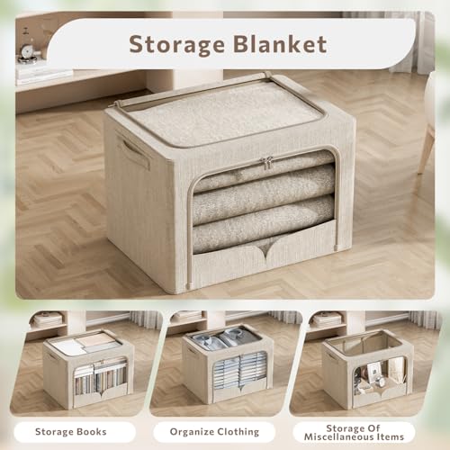 FHSQX 3 Pack Clothes Storage Bins - Foldable Metal Frame Storage Box - Stackable Linen Fabric Container Organizer Set with Carrying Handles and Clear Window (Beige, 19.7x15.7x13inch(66L)) - color: Beige, size: 19.7x15.7x13inch(66L)