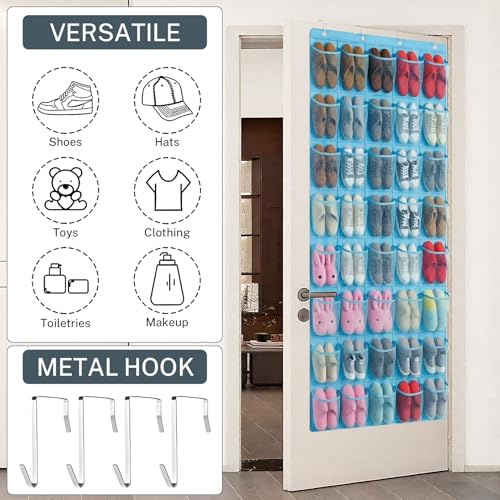 40-Pocket Over the Door Shoe Organizer - Large Mesh Pocket Hanging Shoe Organizer,Behind the Door Shoes Storage Holder Hanger - color: Light Blue