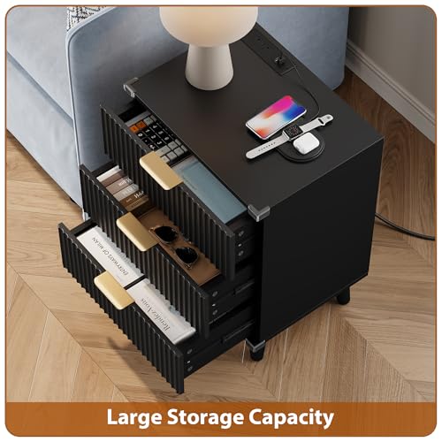 Lulive Wood Nightstand Set of 2 with Charging Station, 3 Drawers Fluted Design, Modern End Table for Bedroom Black - color: Black, size: 3 Drawers-Set of 2 Nightstand