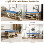 2 Tier Shoe Rack Bench with Cushion, Rubberwood Shoe Benches, Mid-Century Modern Shoe Storage Bench for Entryway, Hallway, Living Room, Closet, Front Door Entrance, Blue - color: Blue