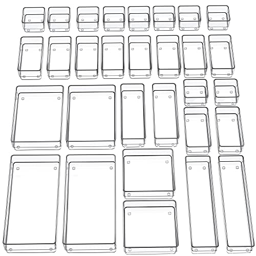 SMARTAKE 30-Piece Drawer Organizer with Non-Slip Silicone Pads, 7-Size Desk Drawer Organizer Trays Storage Tray for Makeup, Jewelries, Utensils in Bedroom Dresser, Office and Kitchen (Clear) - size: 30 PCS