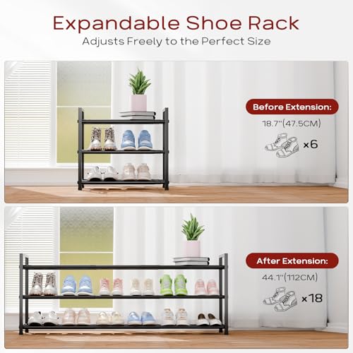 Bumusty 3-Tier Long Expandable Shoe Rack for Closet, 18"-44" Adjustable Shoe Rack for Entryway, 15-18 Pairs Large Shoe Organizer Shelf Storage, Sturdy Metal, Black - color: Black, size: 3-Tier