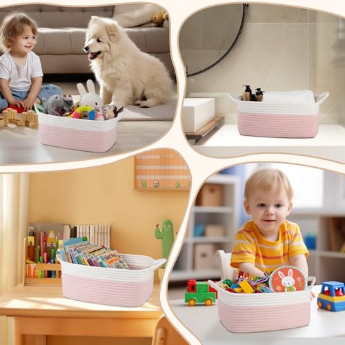 OIAHOMY Woven Basket, Gift Basket Empty with Gift Bags and Ribbons, Rope Baskets for Baby Showers, Storage Baskets with Handles for Nursery, Pet Toy Organizer - Pink & White - color: Pink & White, size: Medium: 13.5L*10W*6H