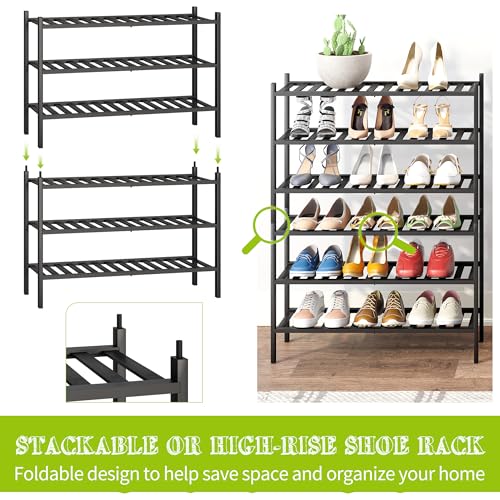 BMOSU 3-Tier Bamboo Shoe Rack Premium Stackable Shoe Shelf Storage Organizer for Hallway Closet Living Room Entryway Organizer (Black Bamboo) - color: Black Bamboo, size: 3-Tier（27*11*18.3inches）
