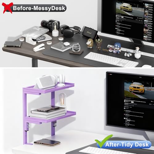Spacrea clamp on Desk Shelf, 2 Tier Office Desk Shelves Organizer, Wood Desktop Supplies Storage Rack, Desk Organizers and Accessories (Purple) - color: Purple