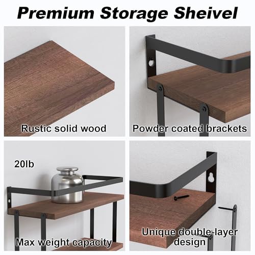 RICHER HOUSE 3+1 Tier Wall Mounted Floating Shelves Set of 2, Rustic Wood Wall Shelf with Metal Frame, Extra Storage Rack for Bathroom, Kitchen, Bedroom with Tissue Rack & Towel Bar - Rustic Brown - color: Rucstic Brown, size: 3+1 Tier Size