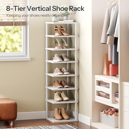 HOOBRO Vertical Shoe Rack, 8-Tier Narrow Shoe Shelf, Shoe Storage Organizer for Small Space, 11" L x 11" W x 53" H, Closet, Entryway, Hallway, Bedroom, White WW22XJ01 - color: White + White, size: 11"L x 11"W x 53"H