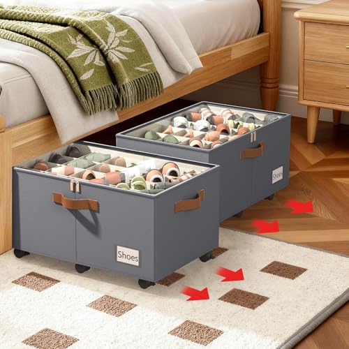 Shoe Organizer for Closet, 2 Pack Shoe Storage Organizer with Wheels and Adjustable Dividers, Stackable Shoe Storage Box with Clear Cover, Foldable Closet Shoe Organizer Fits up to 24-48 Pairs, Gray - color: Gray, size: 25 ½"L x 17"W x 12 ½"H-2 Pack