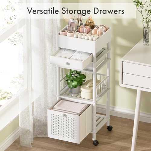 Amazer Bamboo Makeup Organizer Cart with 3 Drawers, Floor Skin Care Storage for Bathroom Bedroom, Rolling Vanity Organizer Cart for Cosmetic, Nail Polish, Perfume and Hair Tools, White - color: White