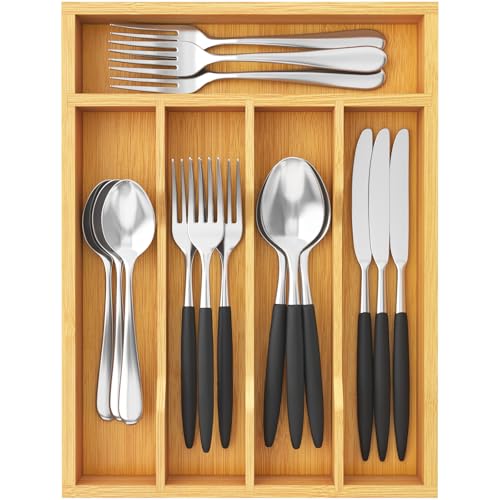 Lifewit Silverware Drawer Organizer, Utensil Tray for Kitchen, Flatware and Cutlery Holder, Storage for Spoons Forks Knives, 8.6 x 12.5", Natural - size: 8.6''W x 12.5''D