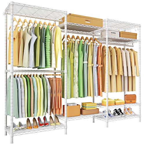 Ulif E13 Heavy Duty Clothes Rack（With 4 Hanger Rods & 8 Shelves） Freestanding Clothing Racks for Hanging Clothes，Adjustable Closet Organizer，Metal Garment Rack 63" W x16 D x77 H，Max Load 900LBS，White - color: White, size: E13