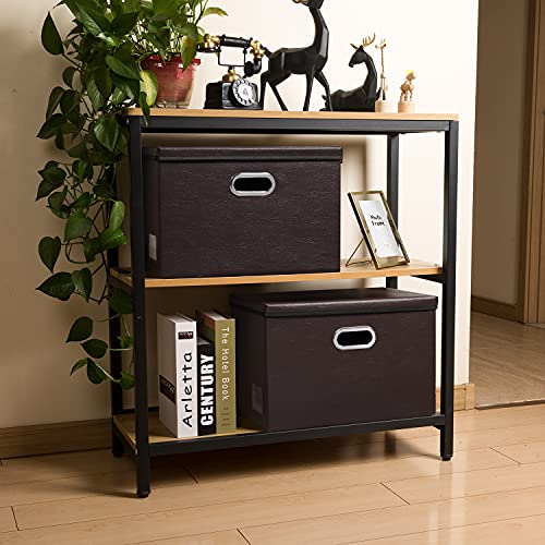 PRANDOM Collapsible Storage Bins with Lids [3-Pack] Leather Fabric Foldable Storage Boxes Organizer Containers Baskets Cube with Cover for Bedroom Closet Office Nursery Brown (14.9x10.8x10) - color: Brown, size: Medium(3-Pack)