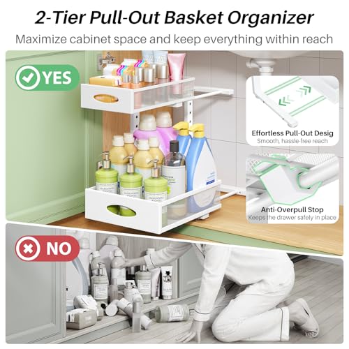 Under Sink Organizer, 2-Pack Pull Out Cabinet Organizer 2 Tier Metal Slide Out Storage Shelf Rack, L-Shaped Adjustable Height,Mesh Sliding Drawer for Kitchen, Bathroom, Laundry, Pantry, White, XL - color: White, size: 2-Pack (XL)