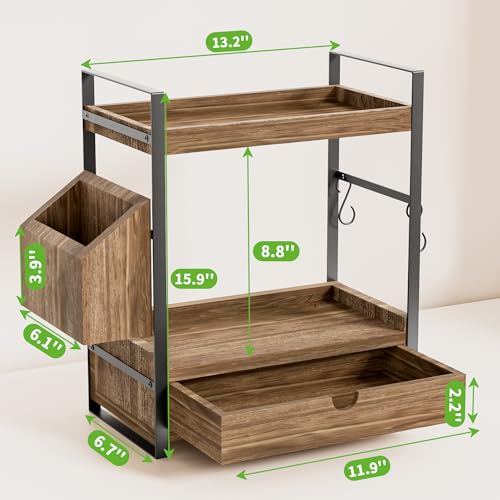 2-Tier Bathroom Counter Organizer with Drawer and Basket, Wood Countertop Organizer for Storage, Skincare Organizers for Vanity, Counter Shelf for Bathroom Organization(Dark Brown) - color: Dark Brown