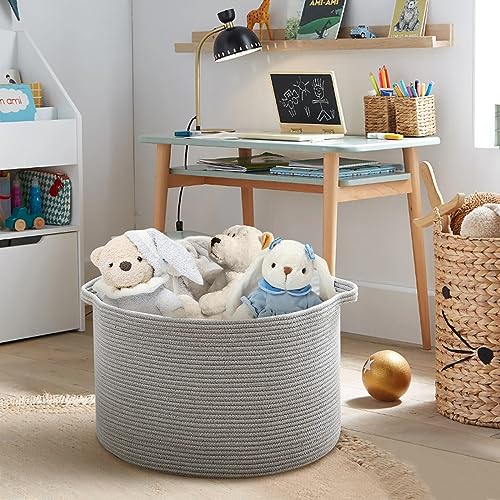 MEGASKET Extra Large Grey Storage Basket, 22" X 22" X 14" XXXL Blanket Basket for Living Room, Gray Wicker Woven Cotton Rope Baskets for Storage, Kids Toy Baskets Bins, Decorative Pillow Towel Basket - color: Gray, size: 22"x22"x14"