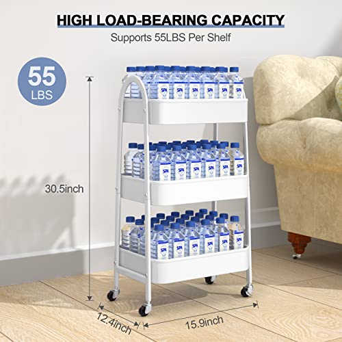 EAGMAK 3 Tier Utility Rolling Cart, Metal Storage Cart with Handle and Lockable Wheels, Multifunctional Storage Organizer Trolley with Mesh Baskets for Kitchen, Living Room, Office, Garage (White) - color: White, size: Normal