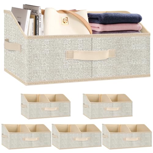 Closet Storage Bins 6 Pack, Large Closet Organizer Baskets with Divider & Handles,Trapezoid Fabric Shelf Organizers, Collapsible Storage Cubes for Clothes, Towels, Toys - Beige - color: Beige