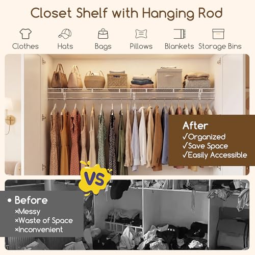 COSTWAY Closet Shelves Wall Mounted, Closet Shelf with Hanging Rod, Ventilated Metal Wire Shelving Kit, Wire Wall Shelf for Laundry Room, Bedroom, Home, Mounting Accessories Included (6 ft x 12 in) - size: 6 ft x 12 in