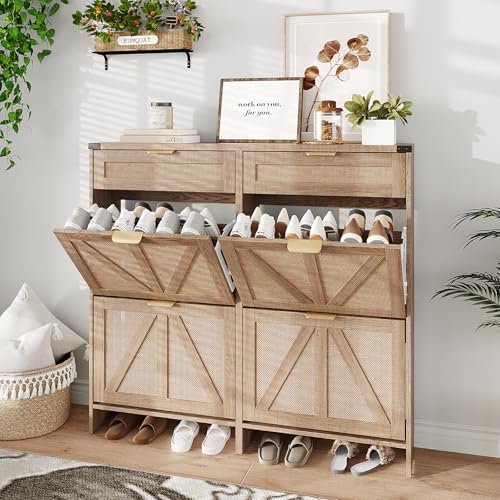 Halitaa Shoe Cabinet with 4 Flip Drawers & 2 Drawers,Farmhouse Shoe Storage Cabinet for Entryway,Slim Freestanding Organizer Rack for Front Door Entrance,Rustic Oak Rattan - color: Rustic Oak Rattan, style: 4-Drawers