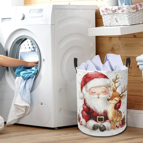 Santa Claus and Deer Laundry Basket Foldable Laundry Hamper with Handles Clothes Storage Bin for Household Bedroom Bathroom Dorms 17.3"x13.6" - color: Santa Claus and Deer