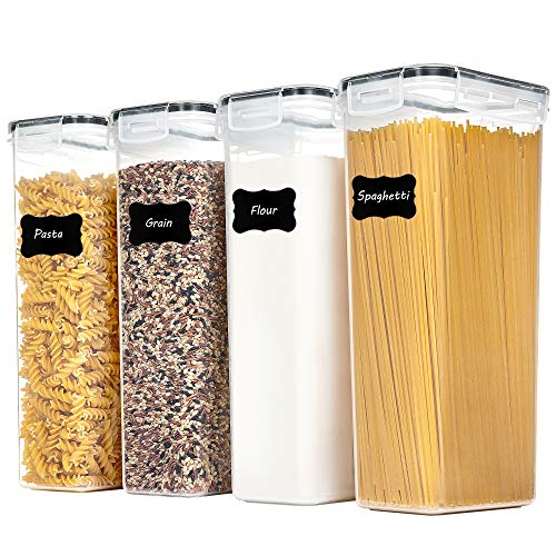 Vtopmart Airtight Food Storage Containers with Lids, 4 PCS 2.8L Pasta Containers for Pantry Organization and Storage, BPA Free Kitchen Canisters for Spaghetti, Flour, Sugar and Noodles, Black