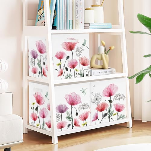 Clastyle Flowers Storage Cube Organizer Set Handle Closet Clothes Cube with Metal Frame Foldable Parents Organizer Storage Basket for Book Toy,Red Poppy,11.8x11.8x11.8 in - color: Red Poppy