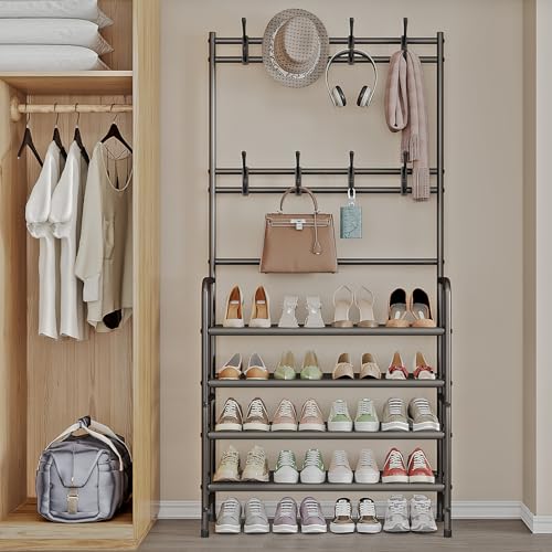 4 Tier Coat and Shoe Rack Entryway Coat Rack with 8 Hooks Shoes Organizer for Living Room Bedroom Office Brown - color: Brown